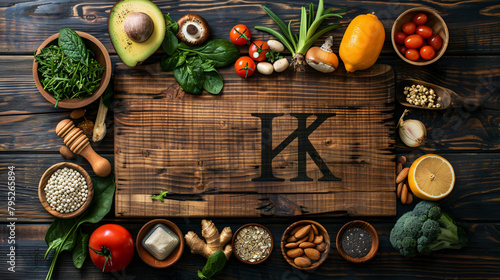 Board with healthy products and letter K on wooden background
