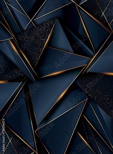  Luxurious Dark Blue Abstract Template with Geometric Triangle Pattern and Golden Striped Lines on Black Background