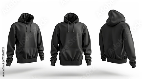 Black hoodie mockup with long sleeves isolated on a white background. 3d rendering. 