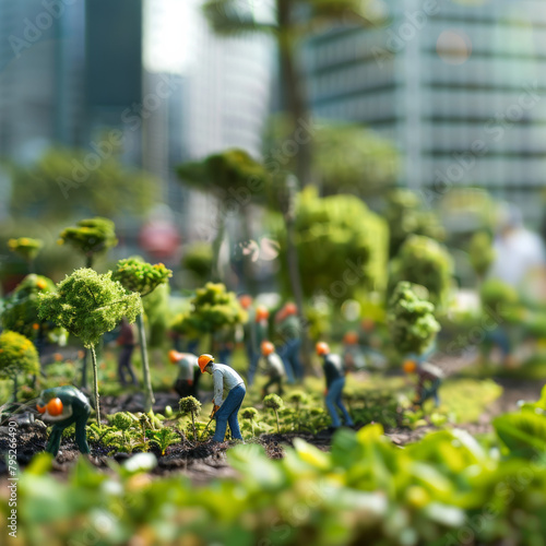A group of miniature construction workers are working on a landscaping project in a city, a miniature model.