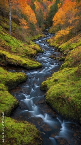 Serene stream flows gracefully through lush forest, surrounded by trees adorned with autumn leaves. Vibrant hues of orange, yellow contrast beautifully with rich green moss covering rocks, banks.