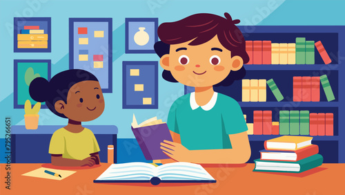 A book signing event at a local bookstore with the young author sitting at a table autographing copies of the kids recipe book for eager young