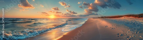 Panoramic view of a vibrant sunset casting hues over a serene ocean shore photo