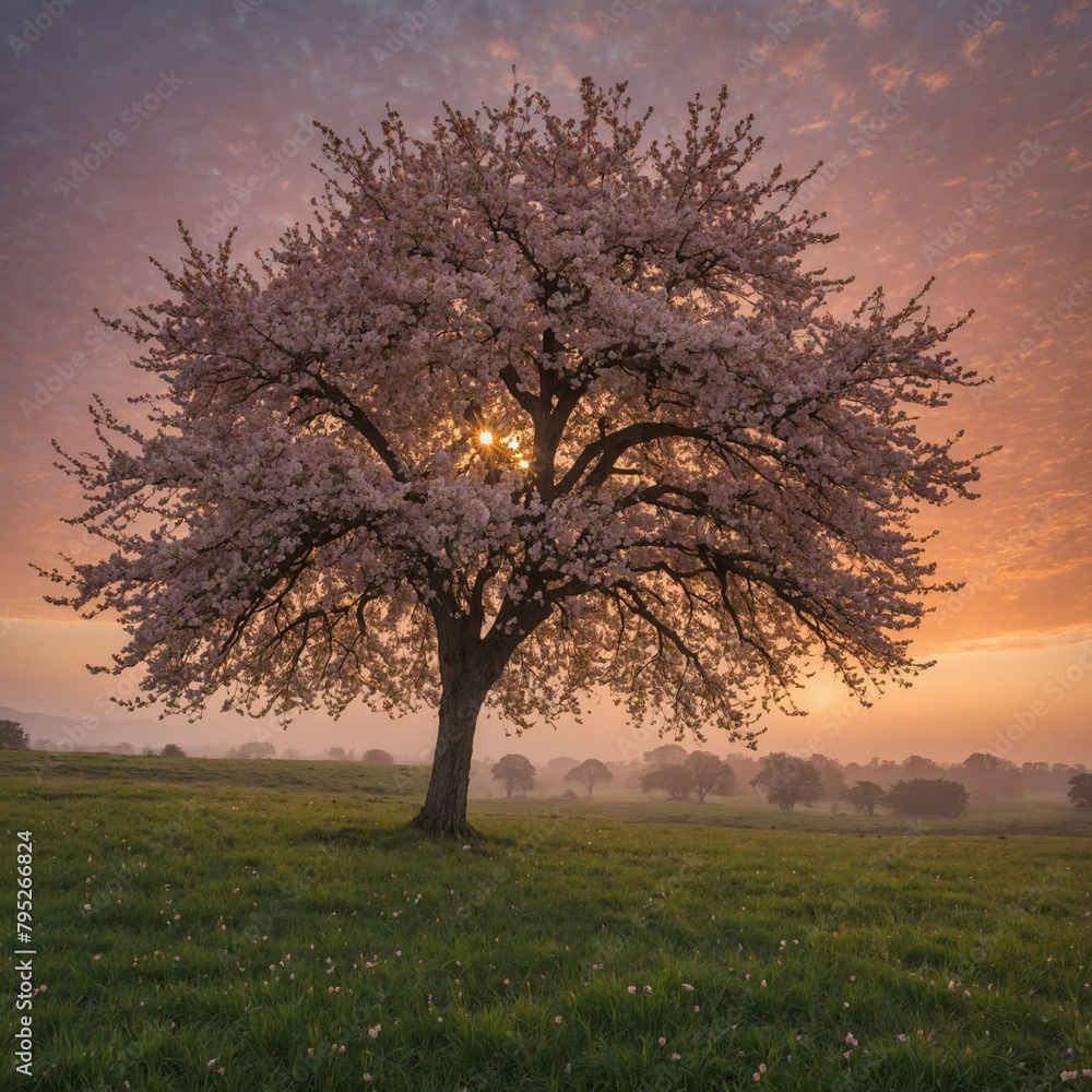 Obraz premium Solitary tree, adorned with blossoms, stands against backdrop of mesmerizing sunset. Sky, painted with hues of purple, orange, illuminates lush green field surrounding tree. Blossoms, in full bloom.