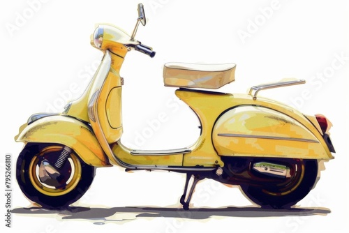 retro pale yellow scooter with chrome accents isolated on white background digital painting