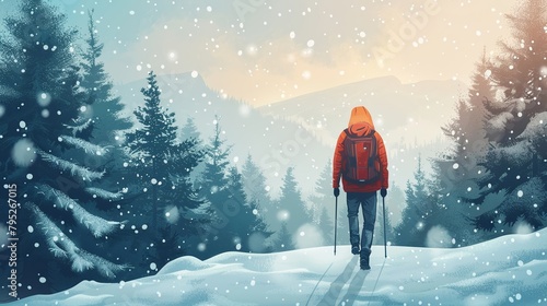 A person exploring a wintry woods, digital artwork photo