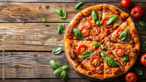 Freshly prepared homemade pizza on a wooden background photo