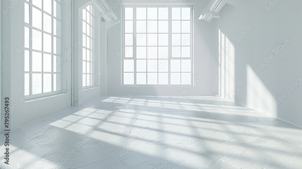 Fototapeta premium Bright loft with large windows, great for modern living and interior design.