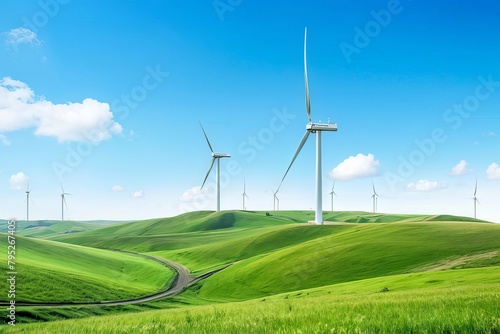 Whispers of Sustainability: A serene wind farm gracefully spinning atop lush green hills under a clear blue sky. The concept of using alternative energy sources.