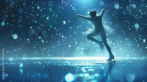 Creative poster with sportive teen girl, junior female figure skater skating over blue background with neon polygonal elements. Professional sport, beauty, winter sports. figure skating photo