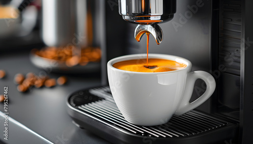 Close-up of a modern coffee machine making a cup of coffee