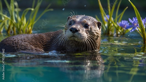 Otter swims amidst greenery, flowers in clear, blue water. Sunlight filters through leaves, casting serene glow on waters surface. Wet fur glistens, eyes wide, alert, capturing moment of curiosity.