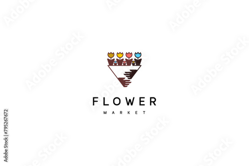 Template logo design solution with flowers bouquet in hands laconic image photo
