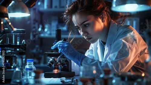An inspirational image for a STEM campaign featuring a young scientist immersed in her work, the details of the lab equipment and her attentive posture emphasizing education