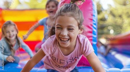 Laughing Children Having Fun On A Bouncy Castle At A Birthday Party, Perfect For Joyful And Playful Moments