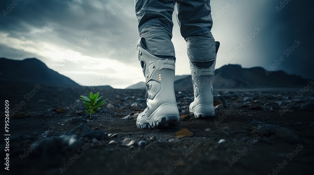 Astronaut exploring an exoplanet. Sci-fi colonist in spacesuit walks on the surface of another planet. People in space. Galactic travel and science concept. Astronaut exploring an exoplanet. Sci-fi colonist in spacesuit walks on the surface of another planet. People in space. Galactic travel and science concept.
