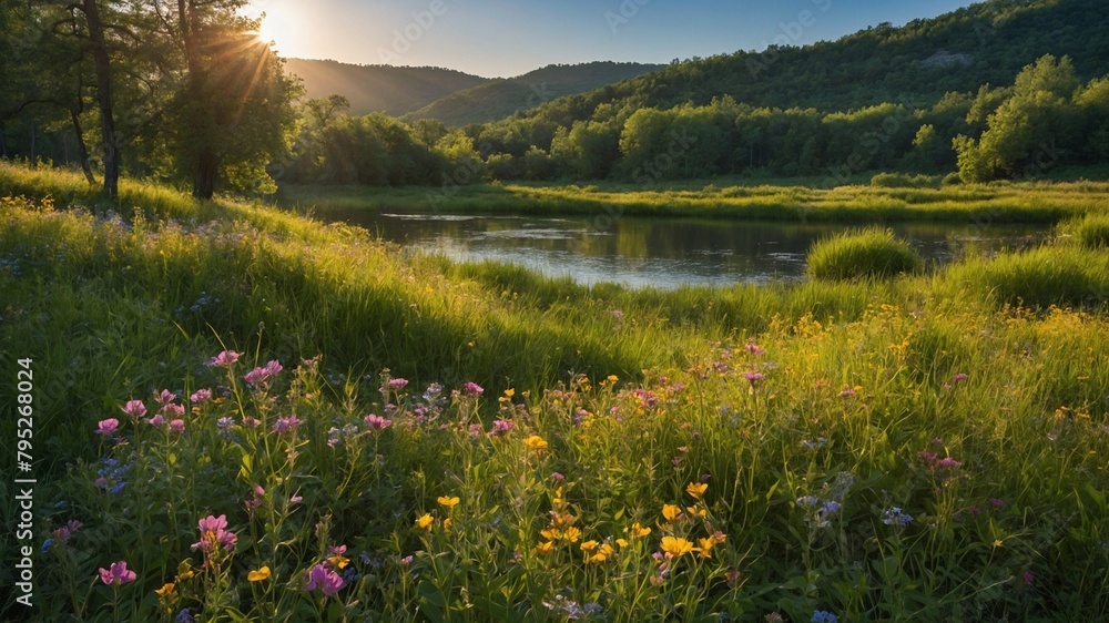 Sunlight pierces through trees, casting warm glow over serene landscape where wildflowers bloom near tranquil pond, surrounded by lush greenery, rolling hills. Sunlight pierces through trees, casting warm glow over serene landscape where wildflowers bloom near tranquil pond, surrounded by lush greenery, rolling hills.