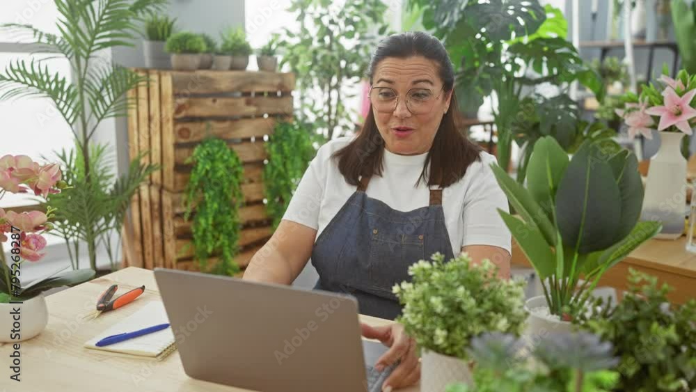 A smiling hispanic woman florist in an apron using a laptop in a plant-filled flower shop interior. A smiling hispanic woman florist in an apron using a laptop in a plant-filled flower shop interior.