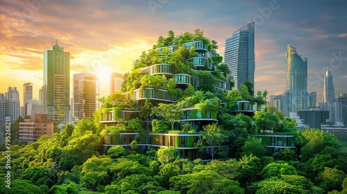 Urban landscape showcasing the eco-conscious building trends of tomorrow - featuring green roofs, solar installations, and cutting-edge sustainable design aesthetics