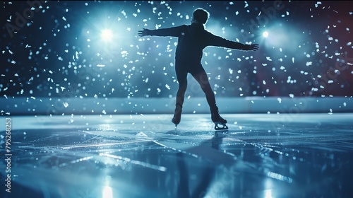 Creative poster with sportive teen boy, man, male, junior female figure skater skating over blue background with neon polygonal elements. Professional sport, beauty, winter sports. figure skating photo