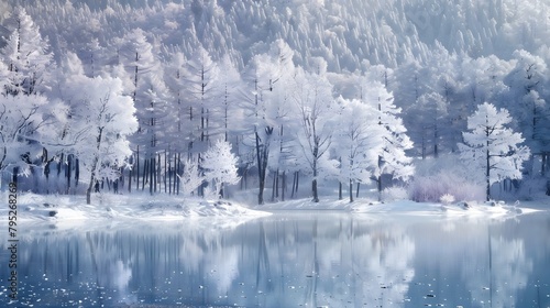 Frosty Wonderland of an Ice Covered Winter Forest with Frozen Lakes and Sparkling Snowflakes Amidst a Chilly yet Magical Atmosphere