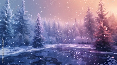 Enchanting Frosty Wonderland with Glistening Ice Covered Trees and Sparkling Snowflakes © doraclub