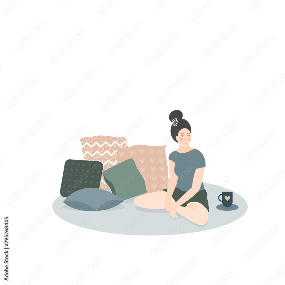 Obraz premium Cozy Home Interior Icon. Comfortable Room Elements with Potted Domestic Plants. Domestic Cat Animal Silhouette. Relax, Safty and Silence in House Atmosphere. 