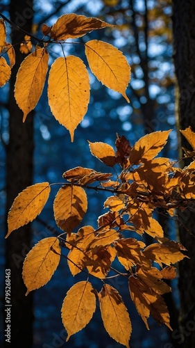 Golden leaves, illuminated by sunlight, stand out against dark forest backdrop. Radiant glow highlights intricate veins, edges of each leaf, creating stark contrast with shadowed woods.
