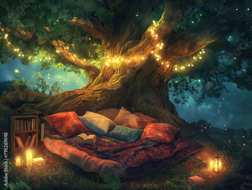 The place for reading books in the garden under the tree photo