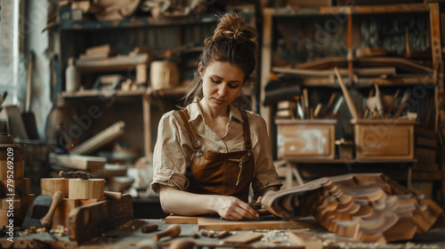 Female Wood Sculptor Works In The Workshop, Crafting Wooden Art Pieces And Furniture photo