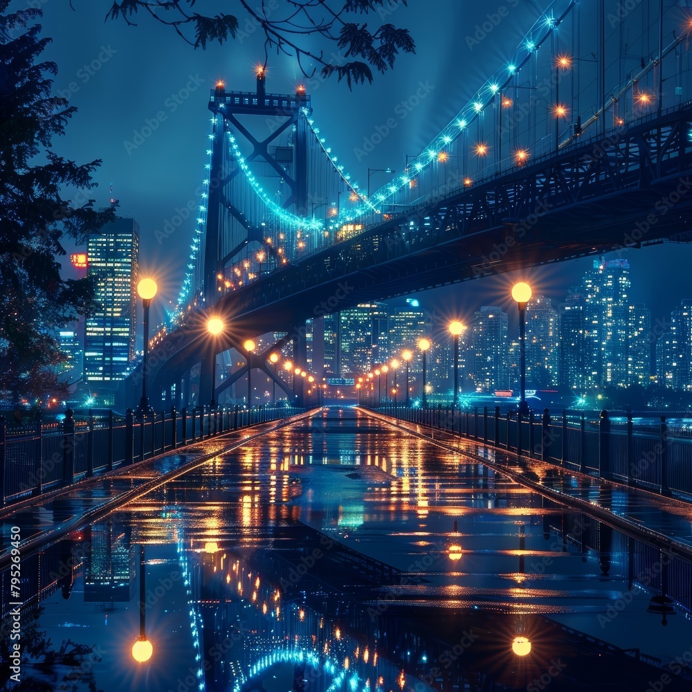 A bridge overlooking a bustling cityscape in the distance A bridge overlooking a bustling cityscape in the distance