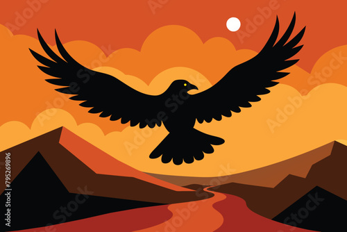 Black eagle over desert landscape, falcon or hawk vector