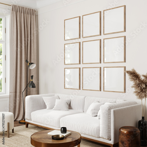 Frame mockup, Home interior background, modern living room, blank wall, 3D render © J.Zhuk
