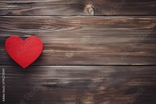 A bold red heart stands out on a dark wooden texture, symbolizing love and warmth. Red Heart on Dark Wooden Background
