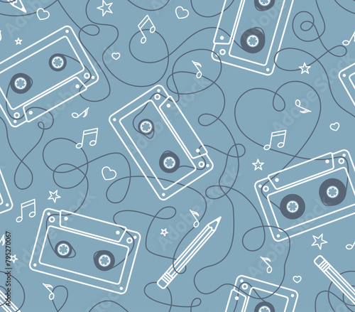 Vector seamless texture of unraveled audio tapes with pencils. Blue background