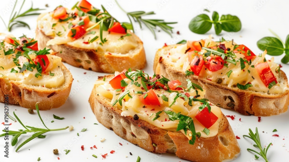 Open faced sandwich crostini isolated on white background closeup. Vegetarian canape with cheese. Top view. Flat lay. Appetizer tartarine. Open faced sandwich crostini isolated on white background closeup. Vegetarian canape with cheese. Top view. Flat lay. Appetizer tartarine.