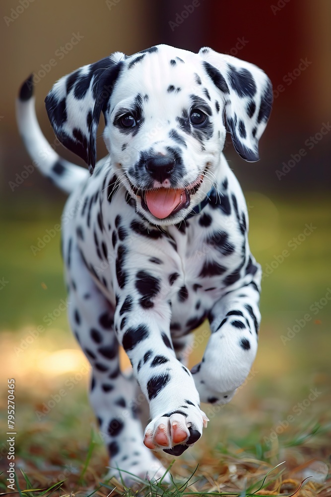Energetic dalmatian puppy joyfully running in a lush meadow, showcasing its charming spotted beauty