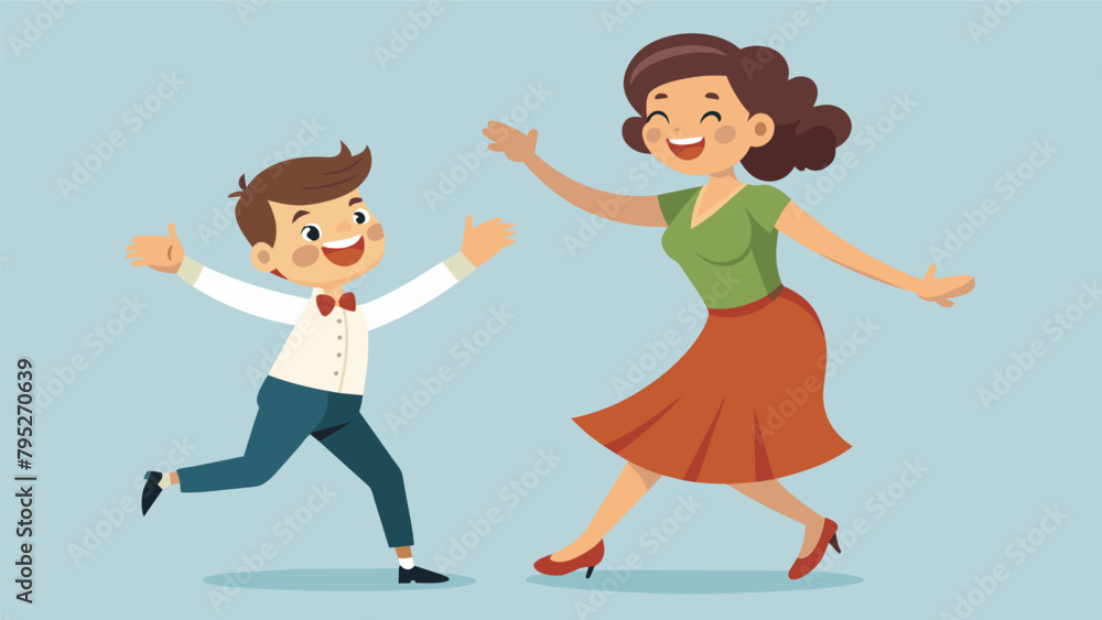 A mother and son duo working together to master a complicated swing dance routine with both sporting big grins on their faces. A mother and son duo working together to master a complicated swing dance routine with both sporting big grins on their faces.