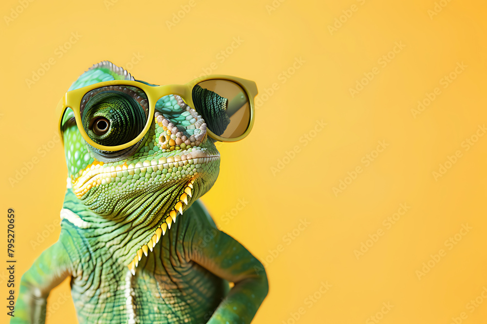 chameleon wearing sunglasses on a solid color background chameleon wearing sunglasses on a solid color background
