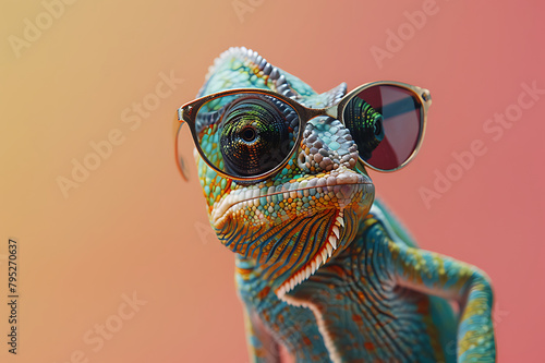 chameleon wearing sunglasses on a solid color background