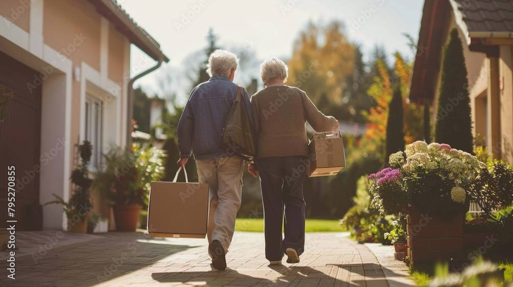 Elderly Couple Moving Into A New Home, Packing Boxes And Furniture, Starting A New Chapter In Life Elderly Couple Moving Into A New Home, Packing Boxes And Furniture, Starting A New Chapter In Life