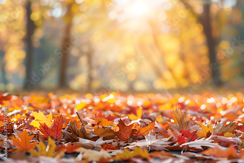 Defocused colorful bright autumn ultra wide panoramic background with blurry red yellow and orange autumn leaves in the park