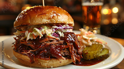 Tender and smoky BBQ pulled pork piled high on a soft bun, topped with coleslaw and pickles, presented beautifully on a white plate, offering a tantalizing glimpse of Southern BBQ comfort food.