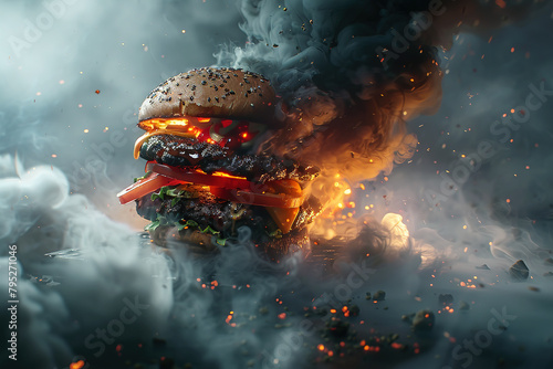 Delicious hamburger in fire with smoke and flame photo