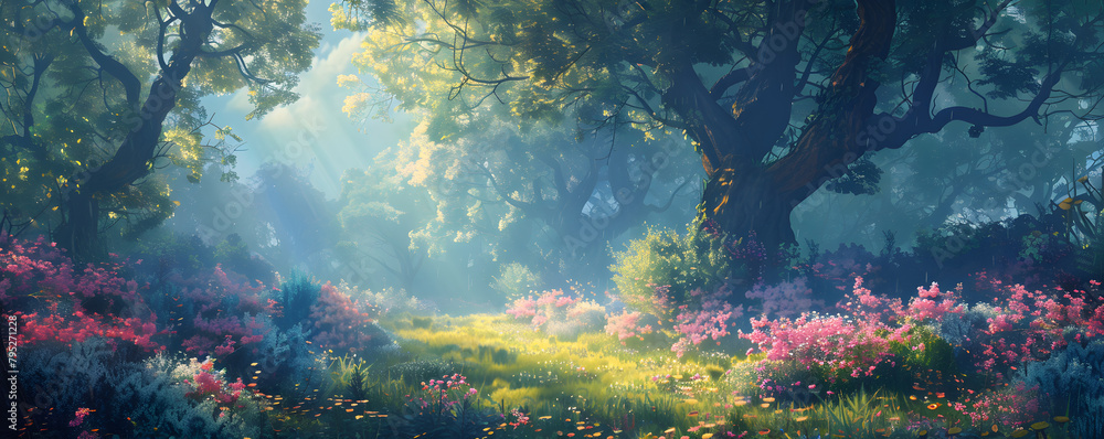 A digital painting of a beautiful enchanted forest with big fairytale trees and lush vegetation, creating a magical and mystical atmosphere. It can be used as a fantasy art background or illustration.