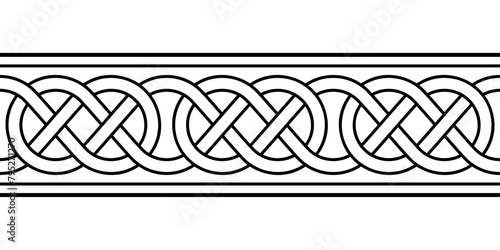Celtic loop border knotwork, seamless tile and pattern in typical Celtic style. Intertwined lines forming knots. Traditional motif and template, which can be expanded to the left and right as desired.
