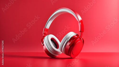 A red and white pair of headphones is on a red background