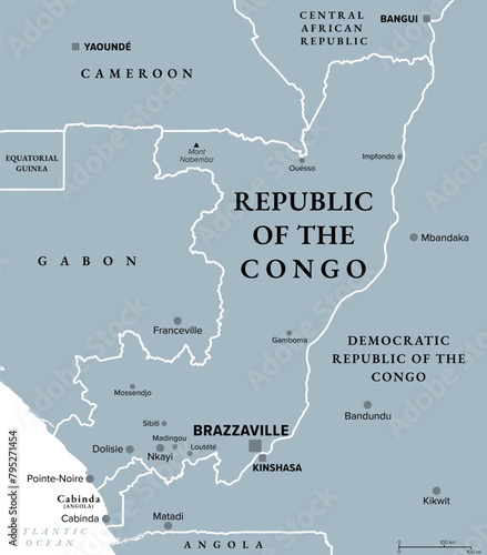 Republic of the Congo, gray political map. Also known as the Congo, a country located on the western coast of Central Africa, with the capital Brazzaville. Illustration. Vector photo