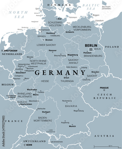 Germany, officially Federal Republic of Germany, gray political map. Country in Central Europe with capital Berlin. Consisting of 16 constituent states. Map with borders, capitals, and largest cities.