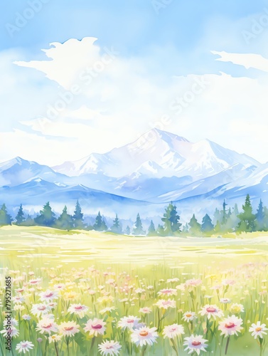 A watercolor painting of a mountain landscape with a field of flowers in the foreground.